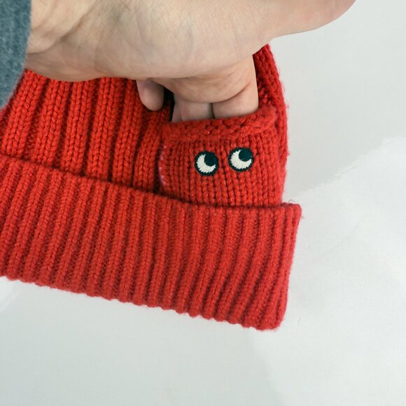 ANYA HINDMARCH x UNIQLO Heattech Pocket Eyes Red Wool-Blend Unisex Knit Beanie - Picture 2 of 4